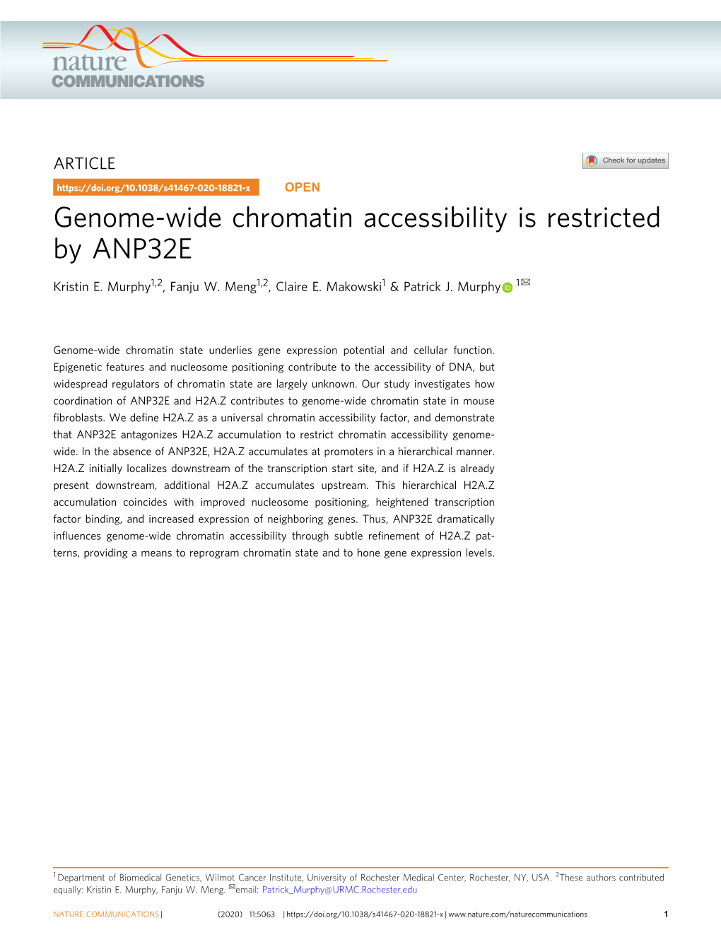 Genome-Wide Chromatin Accessibility Is Restricted by ANP32E ✉ Kristin E