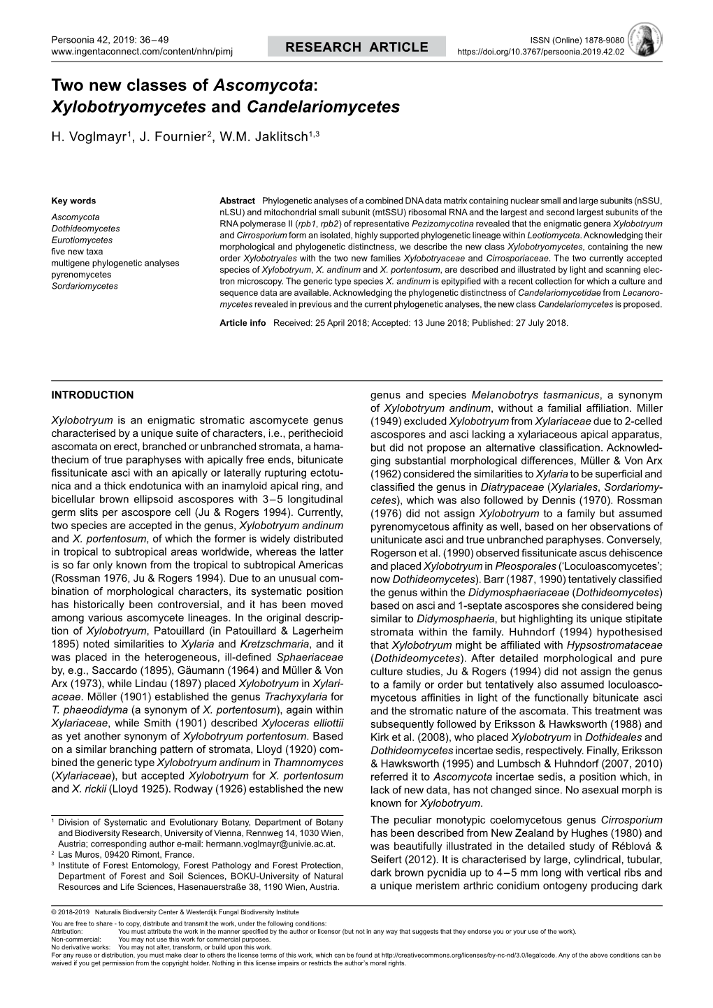 Two New Classes of Ascomycota: Xylobotryomycetes and Candelariomycetes