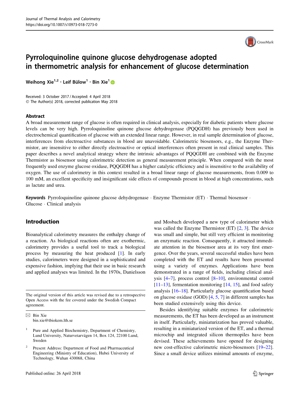Pyrroloquinoline Quinone Glucose Dehydrogenase Adopted in Thermometric Analysis for Enhancement of Glucose Determination