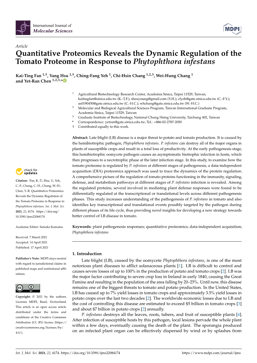 Quantitative Proteomics Reveals the Dynamic Regulation of the Tomato Proteome in Response to Phytophthora Infestans