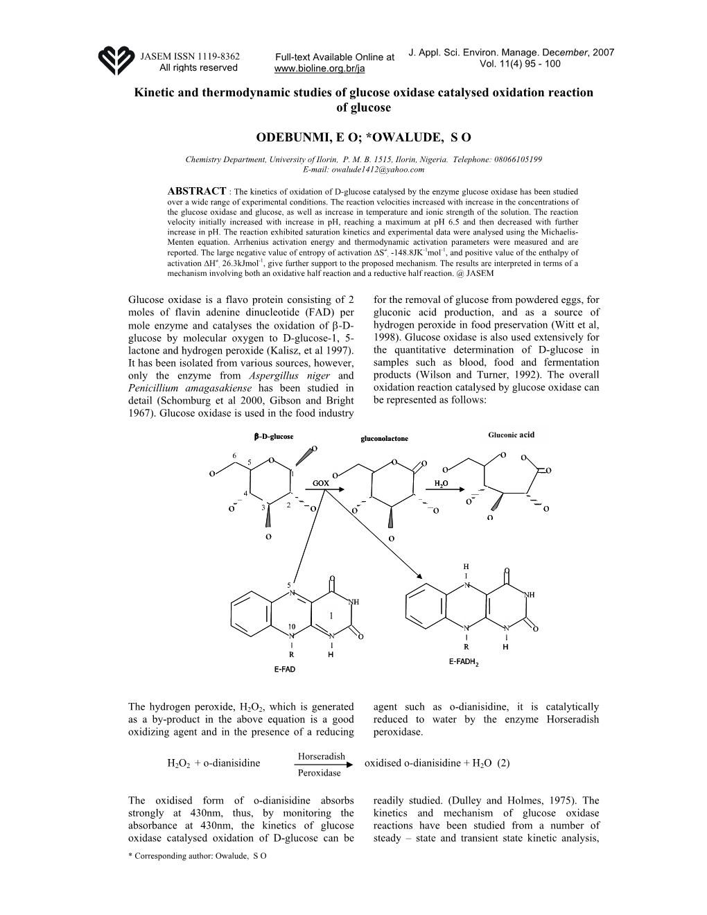 Kinetic and Thermodynamic Studies of Glucose Oxidase Catalysed Oxidation Reaction of Glucose