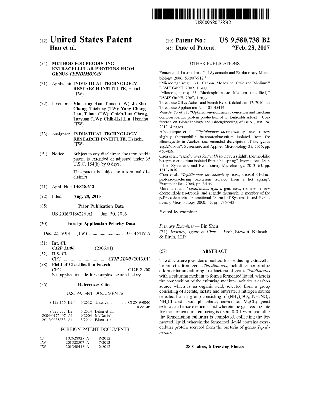 (12) United States Patent (10) Patent No.: US 9,580,738 B2 Han Et Al