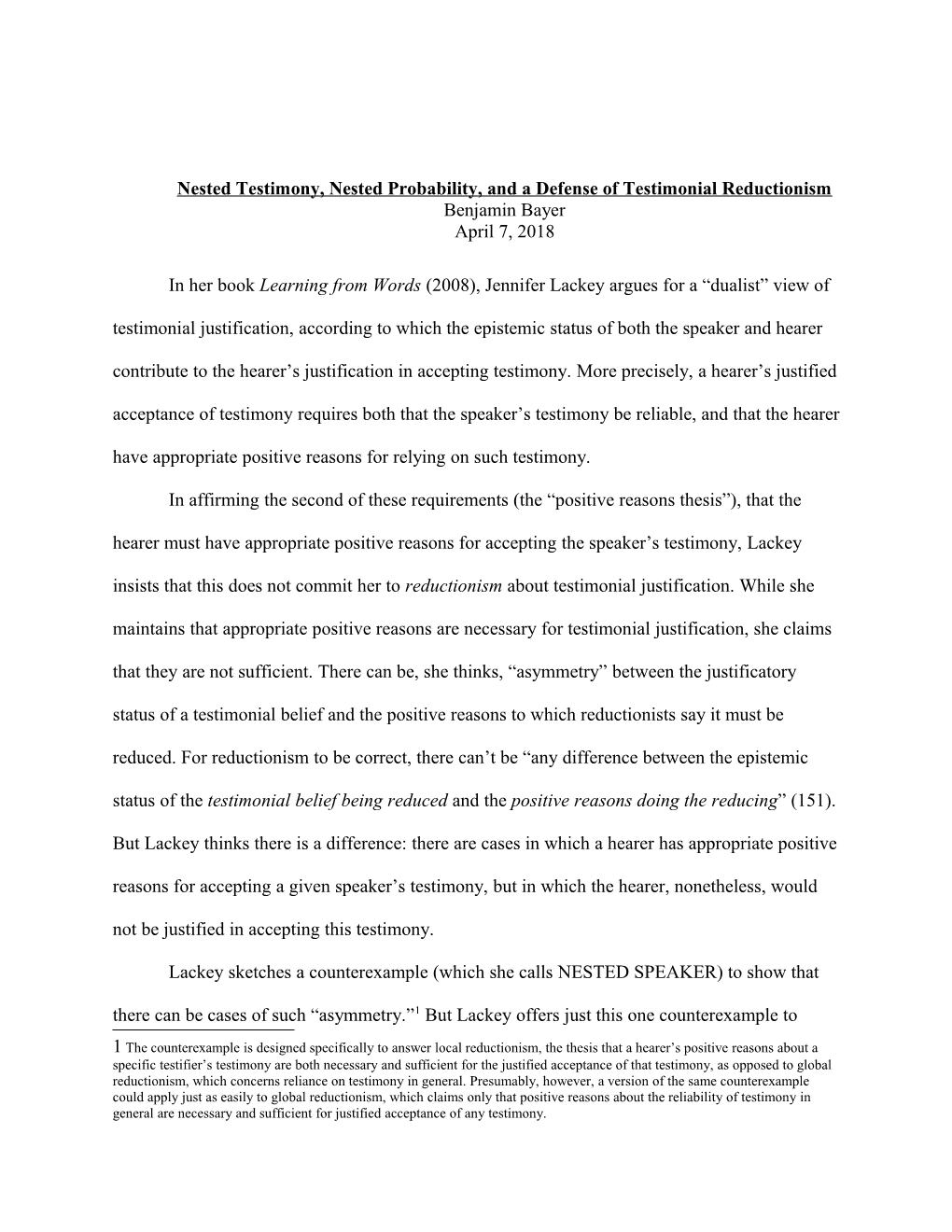 Nested Testimony, Nested Probability, and a Defense of Testimonial Reductionism