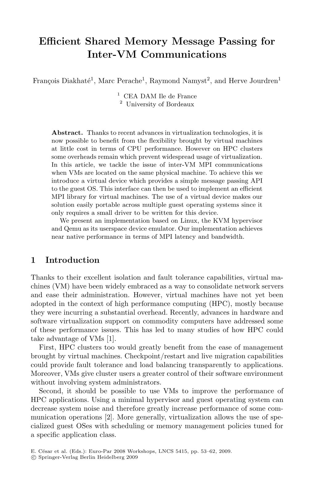 Efficient Shared Memory Message Passing for Inter-VM Communications