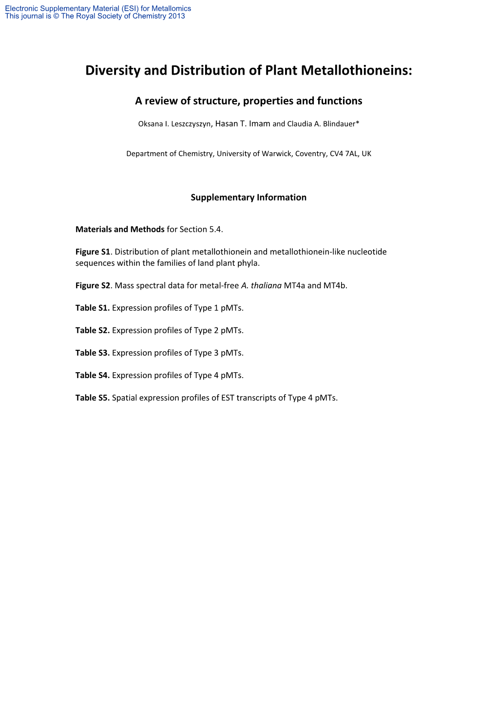 Diversity and Distribution of Plant Metallothioneins