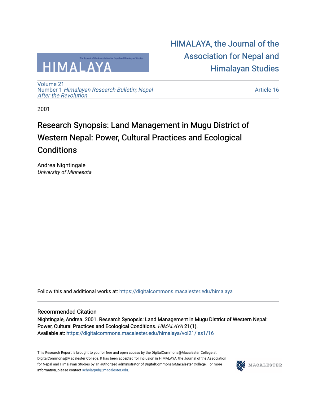 Research Synopsis: Land Management in Mugu District of Western Nepal: Power, Cultural Practices and Ecological Conditions