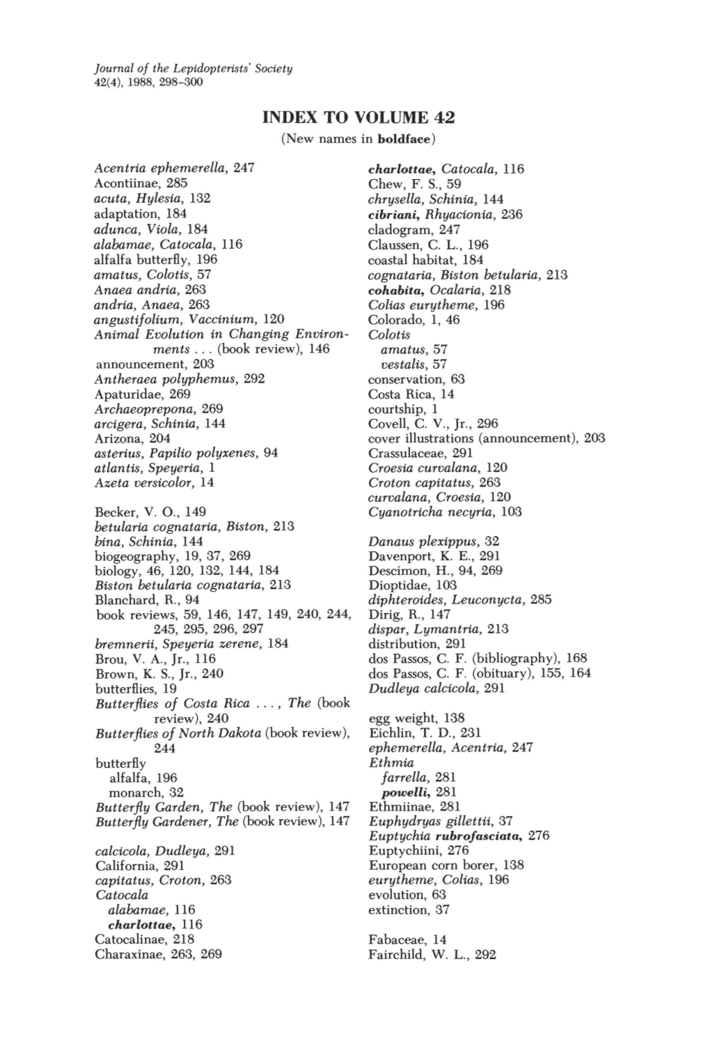 INDEX to VOLUME 42 (New Names in Boldface)