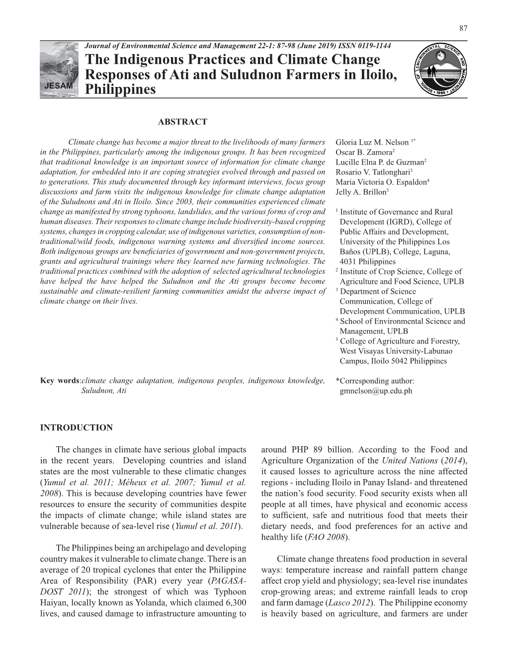The Indigenous Practices and Climate Change Responses of Ati and Suludnon Farmers in Iloilo, JESAM Philippines
