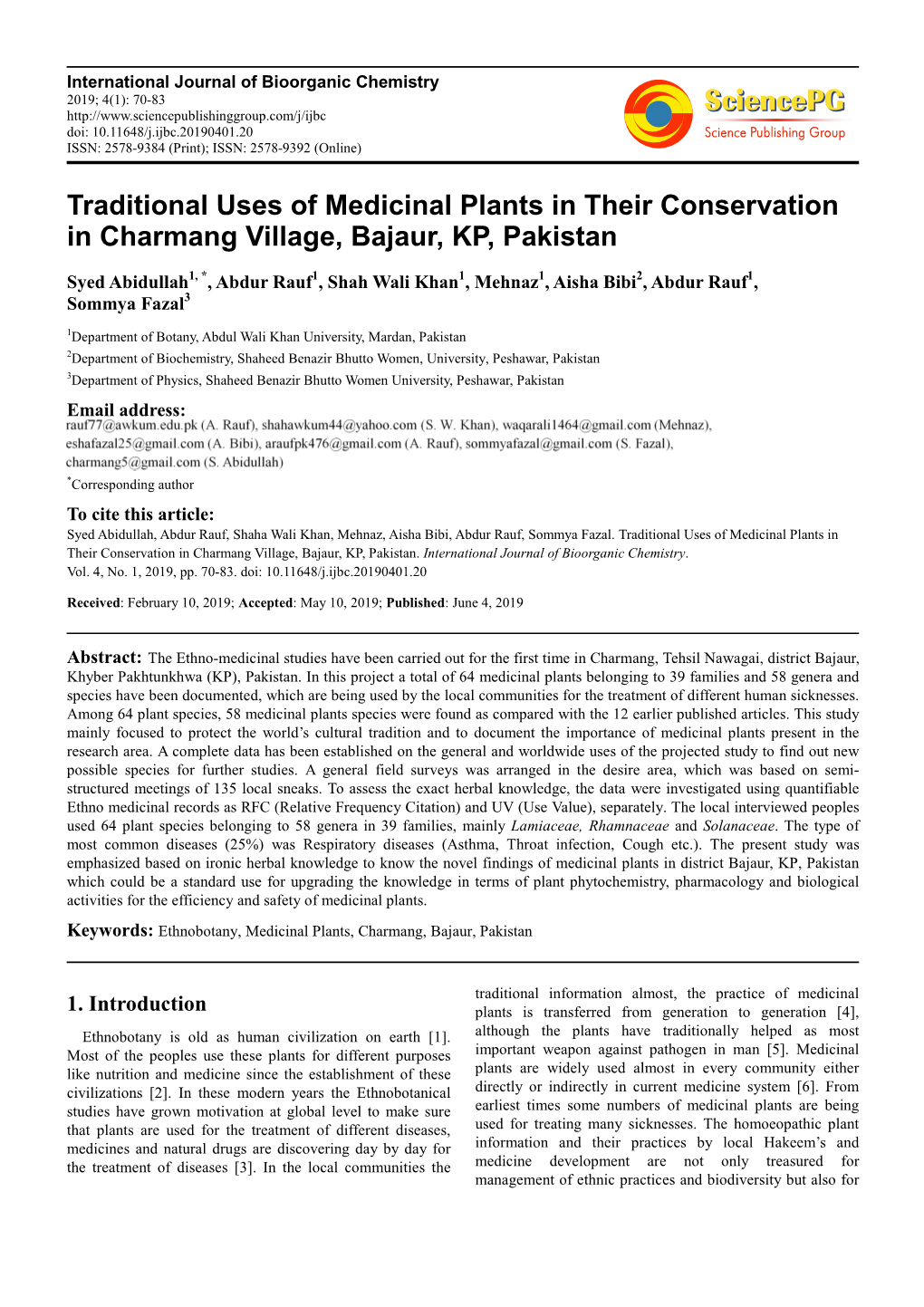 Traditional Uses of Medicinal Plants in Their Conservation in Charmang Village, Bajaur, KP, Pakistan