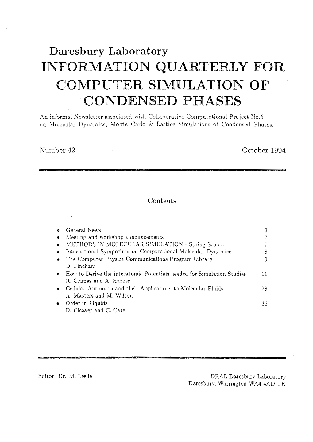 Information Quarterly for Computer Simulation Of