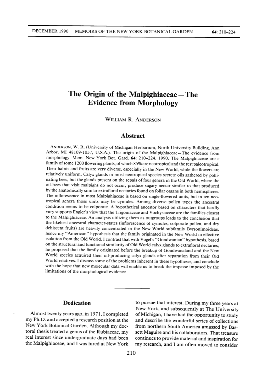 The Origin of the Malpighiaceae-The Evidence from Morphology