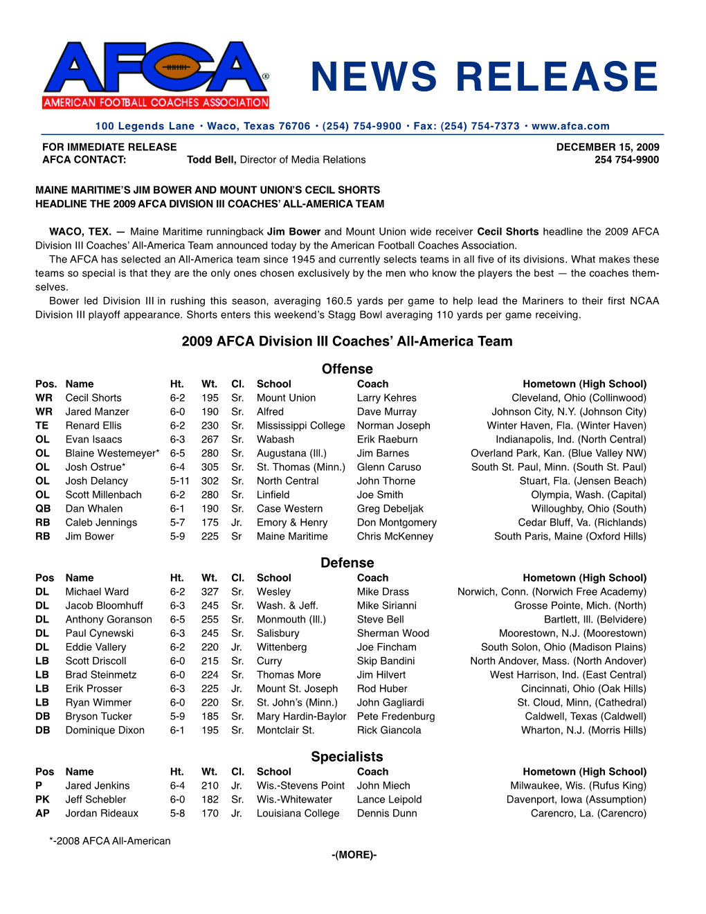 2009 American Football Coaches Association Division III All-America