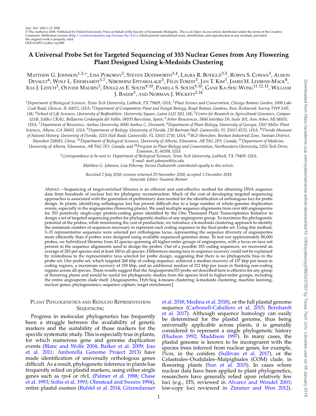 A Universal Probe Set for Targeted Sequencing of 353 Nuclear Genes from Any Flowering Plant Designed Using K-Medoids Clustering