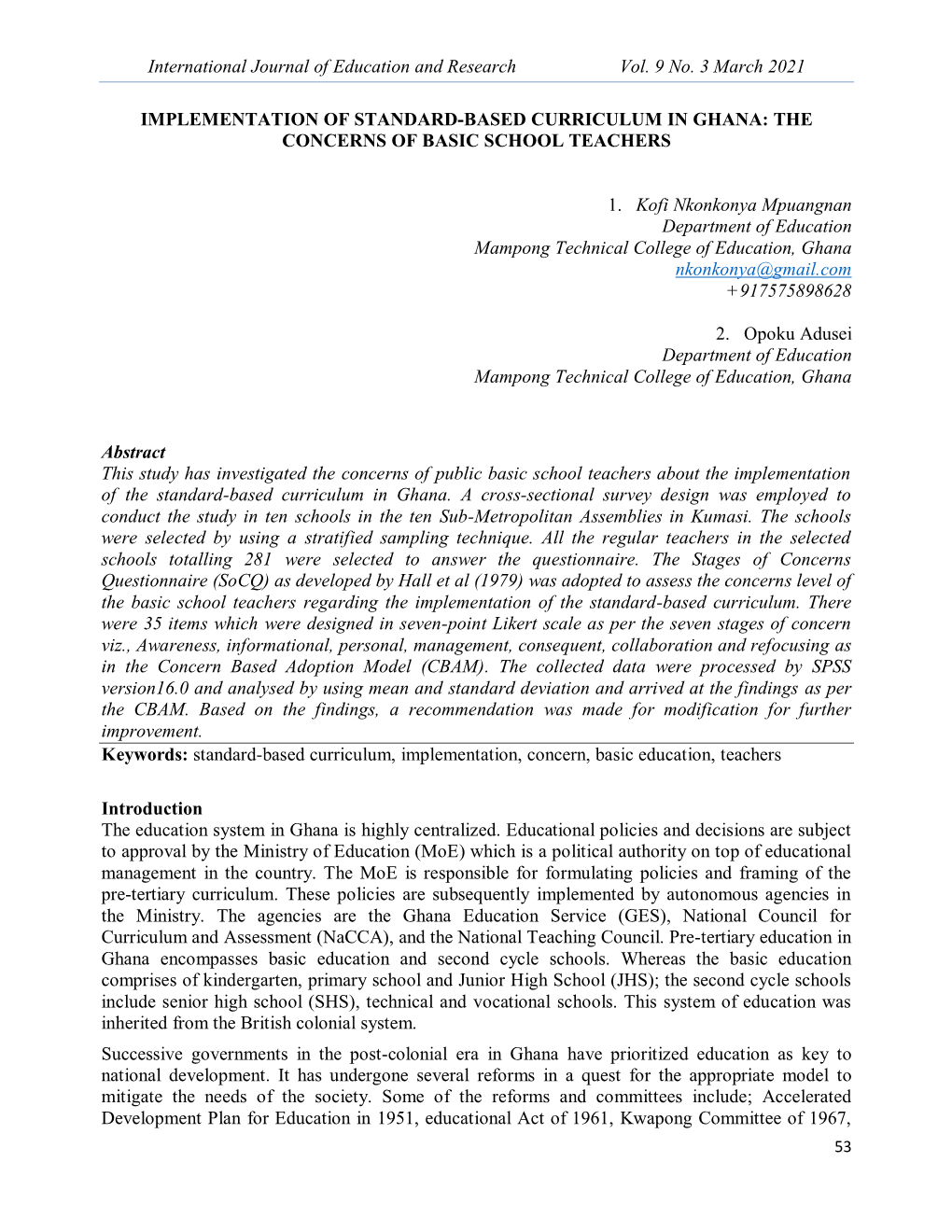 International Journal of Education and Research Vol. 9 No. 3 March 2021