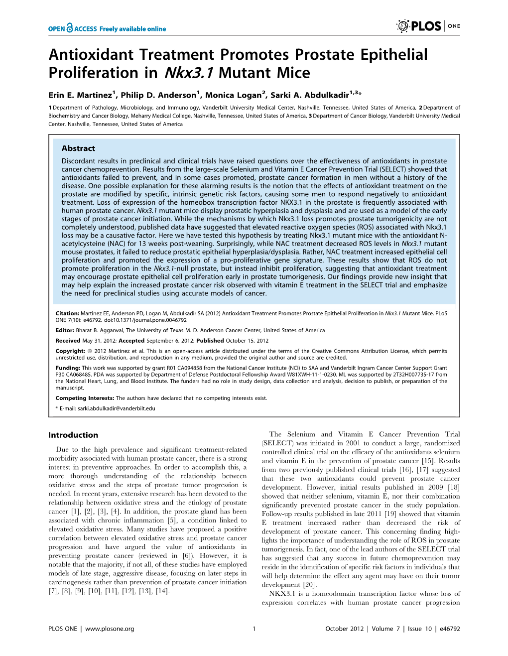 Antioxidant Treatment Promotes Prostate Epithelial Proliferation in Nkx3.1 Mutant Mice