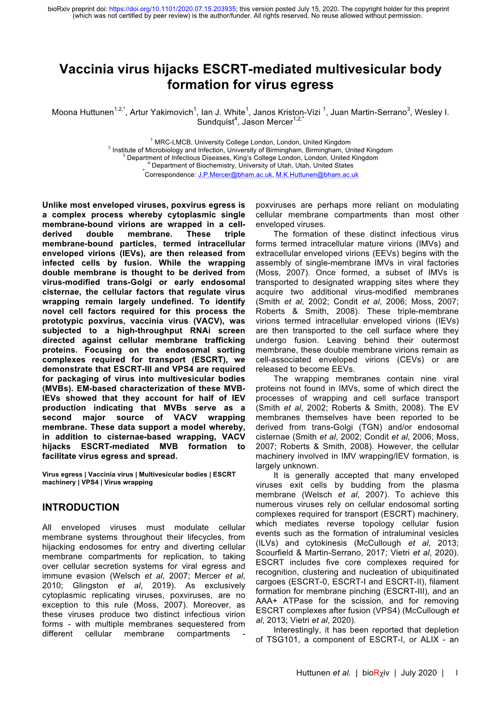 Vaccinia Virus Hijacks ESCRT-Mediated Multivesicular Body Formation for Virus Egress