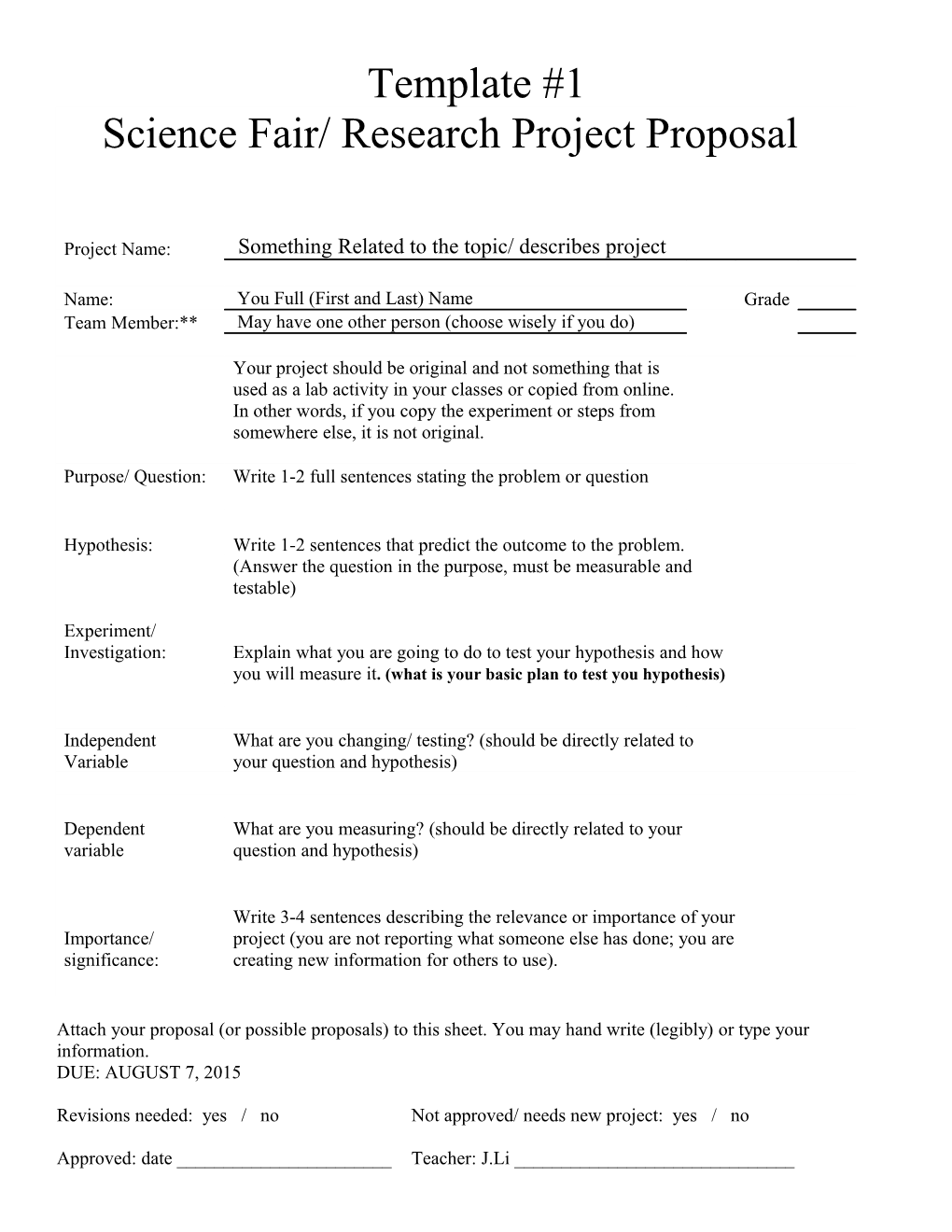 Science Fair Proposal Format