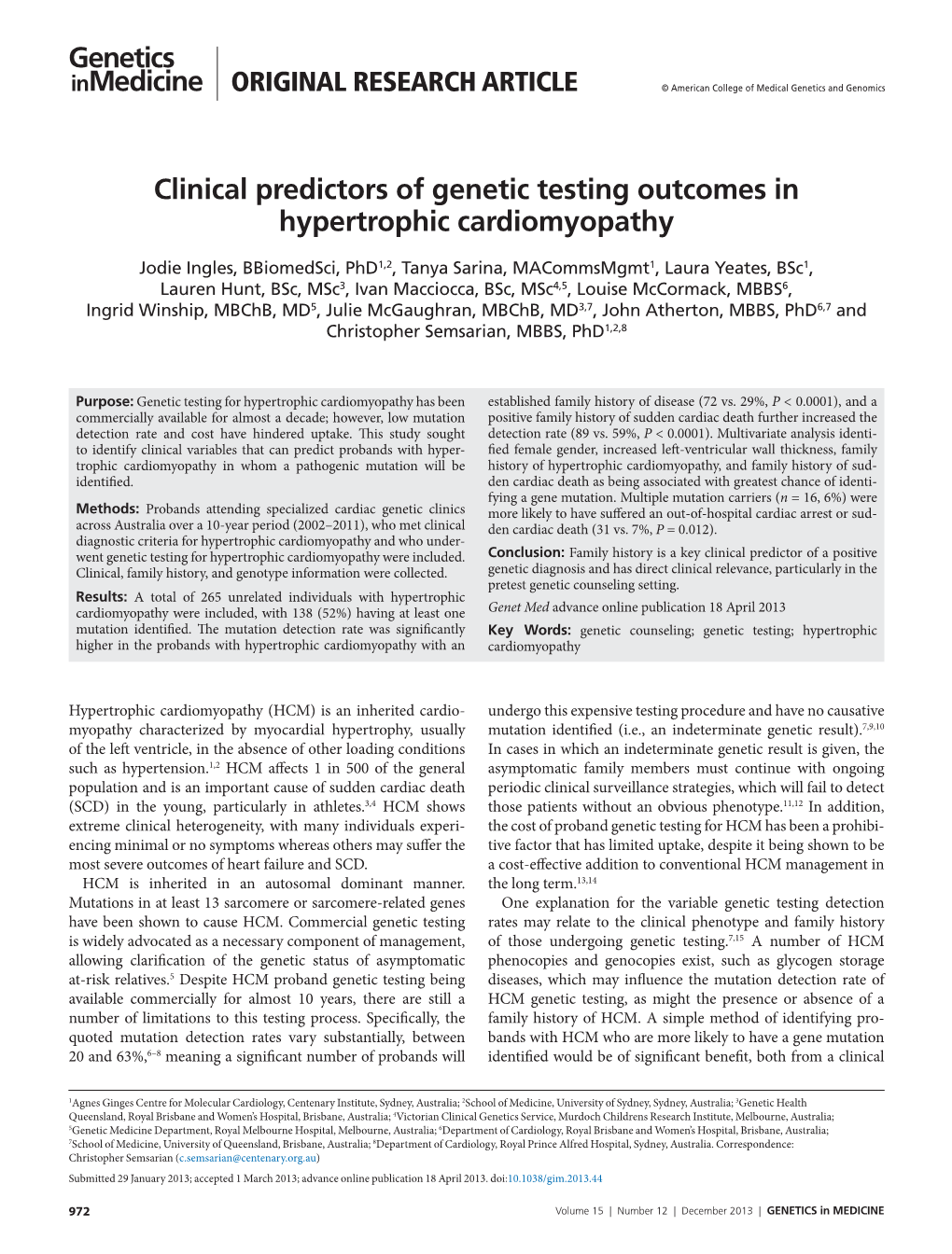 Clinical Predictors of Genetic Testing Outcomes in Hypertrophic Cardiomyopathy