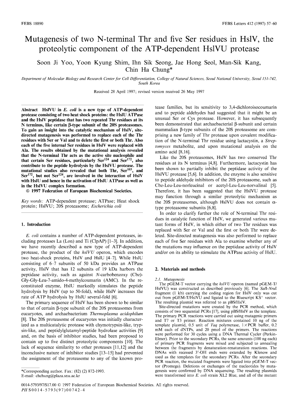 Mutagenesis of Two N-Terminal Thr and Five Ser Residues in Hslv, The