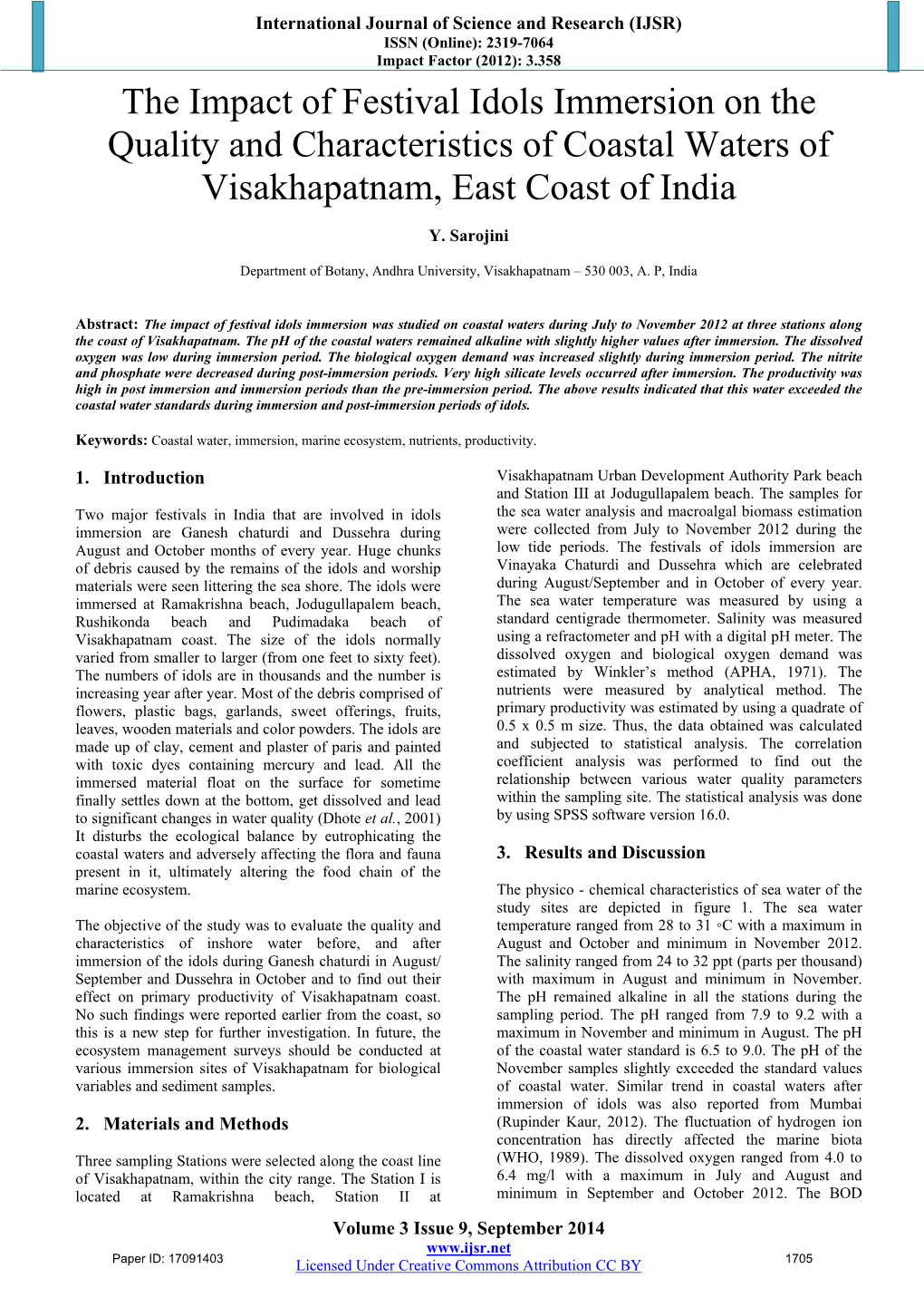 The Impact of Festival Idols Immersion on the Quality and Characteristics of Coastal Waters of Visakhapatnam, East Coast of India