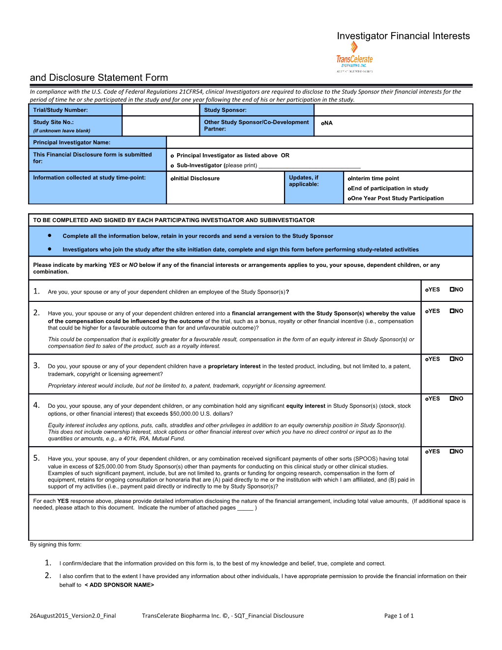 Investigator Financial Interests and Disclosure Statement Form