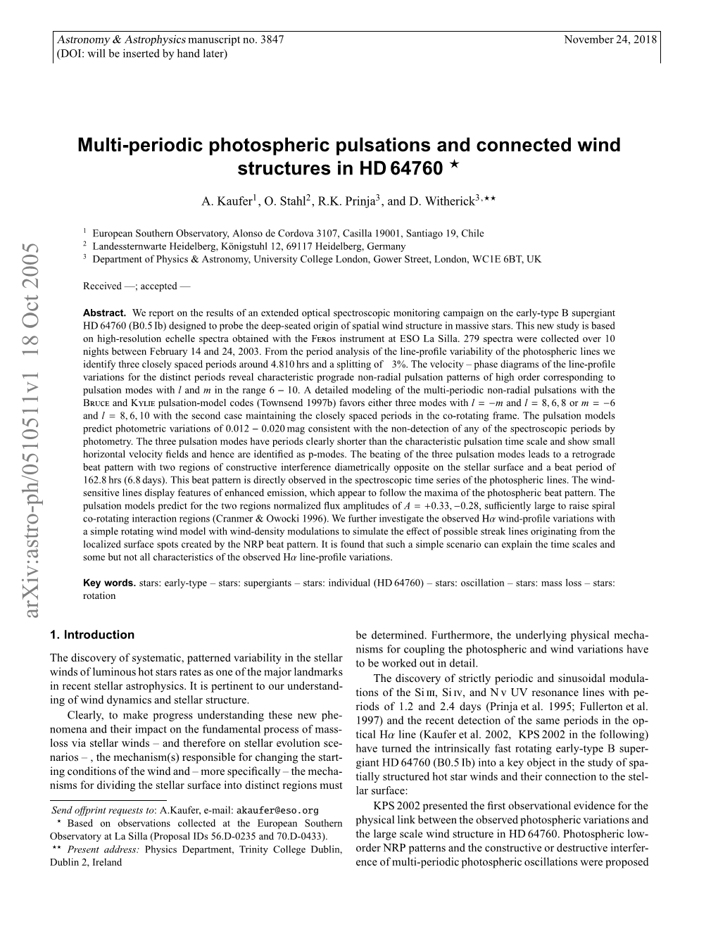 Multi-Periodic Photospheric Pulsations and Connected Wind Structures in HD64760