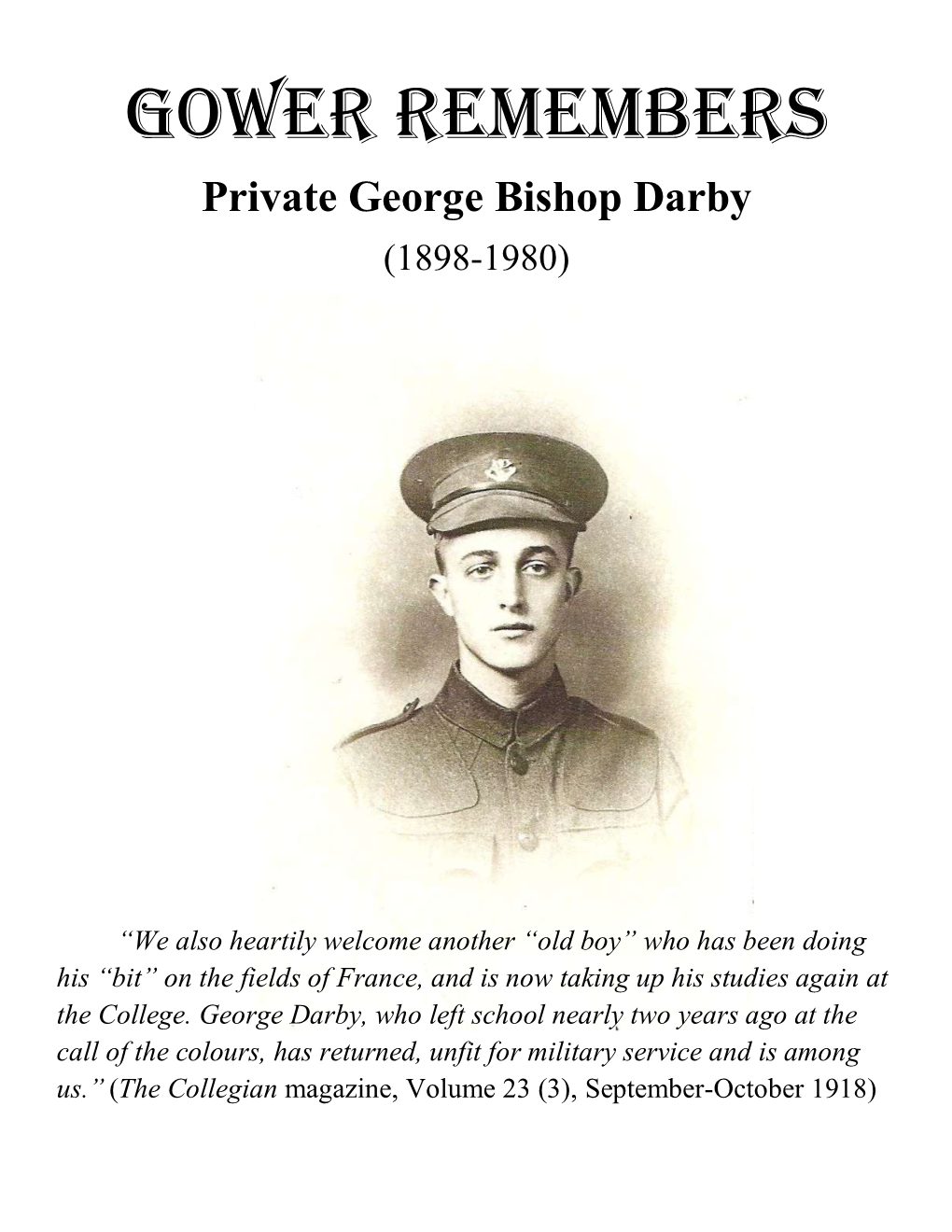 GOWER REMEMBERS Private George Bishop Darby (1898-1980)
