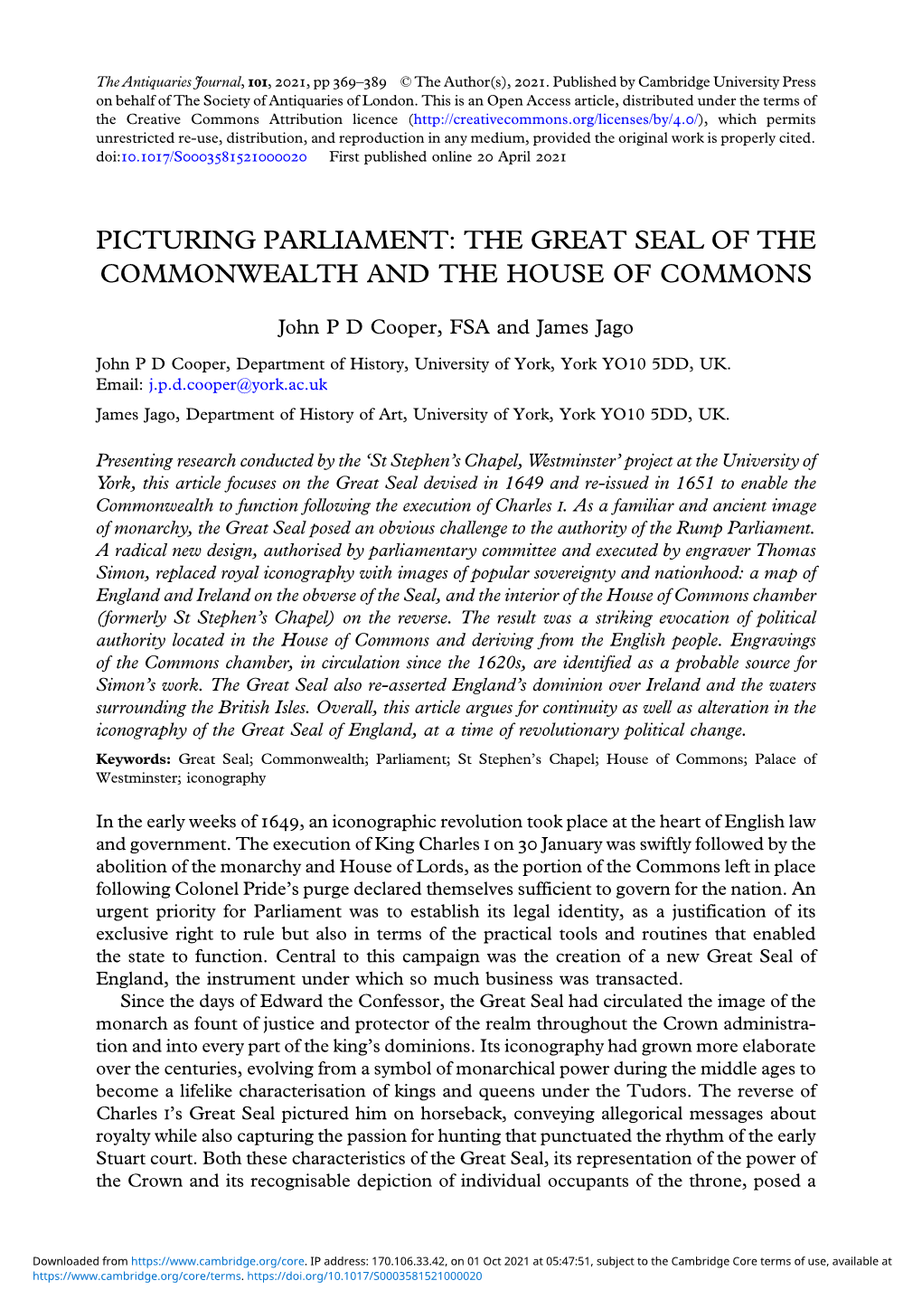 Picturing Parliament: the Great Seal of the Commonwealth and the House of Commons