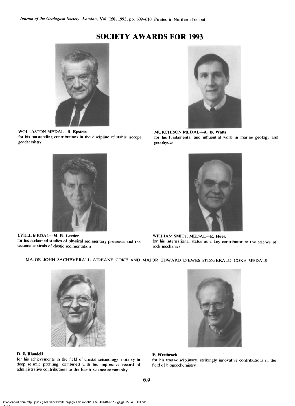 Society Awards for 1993