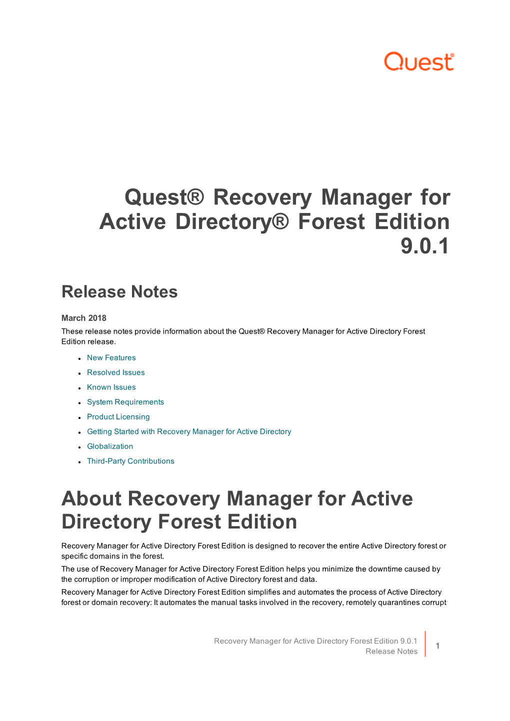 Quest Recovery Manager for Active Directory Forest Edition 9.0.1