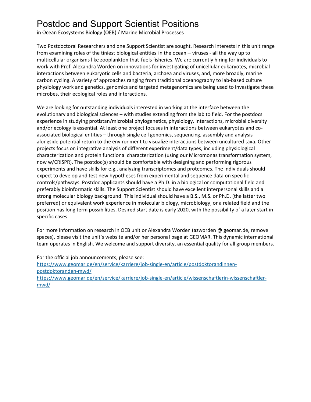 Postdoc and Support Scientist Positions in Ocean Ecosystems Biology (OEB) / Marine Microbial Processes