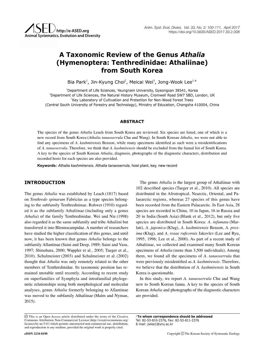 A Taxonomic Review of the Genus Athalia (Hymenoptera: Tenthredinidae: Athaliinae) from South Korea