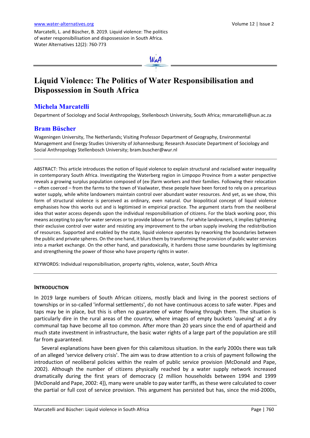 Liquid Violence: the Politics of Water Responsibilisation and Dispossession in South Africa