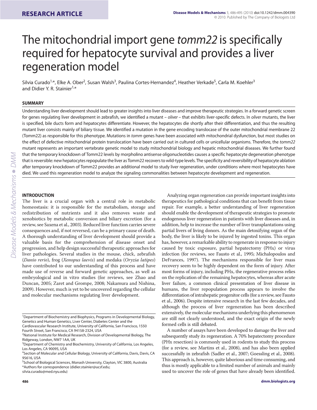 The Mitochondrial Import Gene Tomm22 Is Specifically Required for Hepatocyte Survival and Provides a Liver Regeneration Model