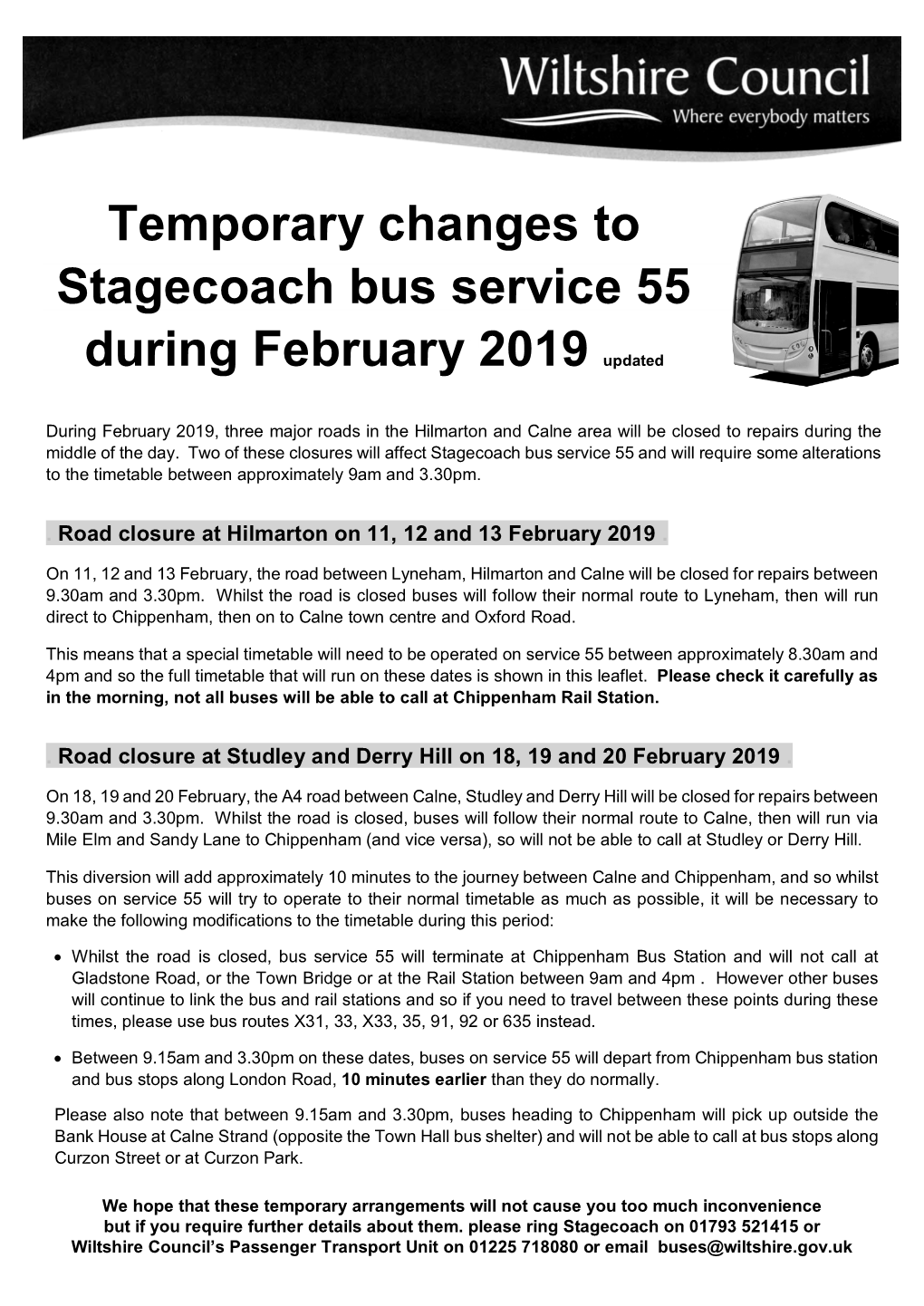 Temporary Changes to Stagecoach Bus Service 55 During February