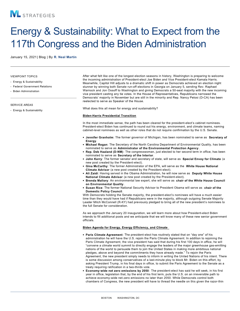 Sustainability: What to Expect from the 117Th Congress and the Biden Administration