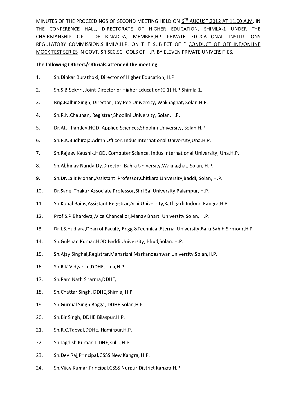 Minutes of the Proceedings of Second Meeting Held on 6Th August,2012 at 11.00 A.M