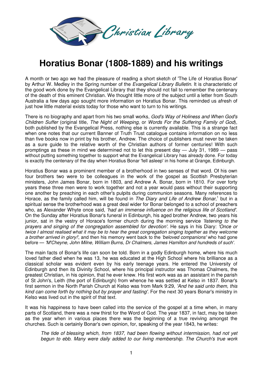Horatius Bonar (1808-1889) and His Writings