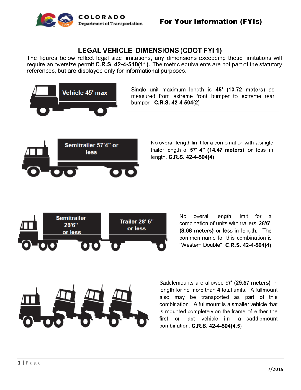 For Your Information (Fyis) LEGAL VEHICLE DIMENSIONS (CDOT