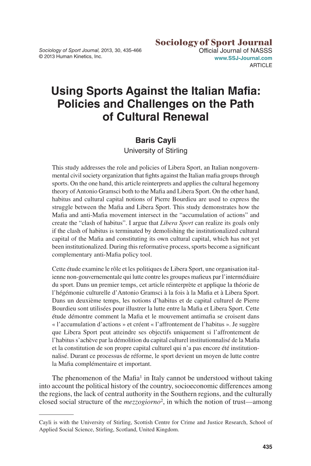 Using Sports Against the Italian Mafia: Policies and Challenges on the Path of Cultural Renewal