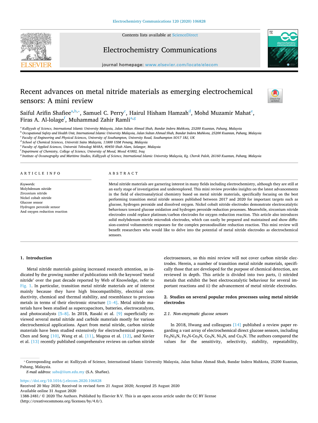 Recent Advances on Metal Nitride Materials As Emerging Electrochemical T Sensors: a Mini Review ⁎ Saiful Arifin Shafieea,B, , Samuel C