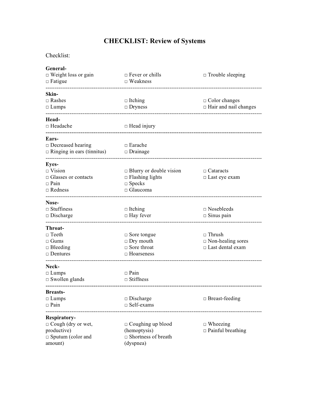 CHECKLIST: Review of Systems