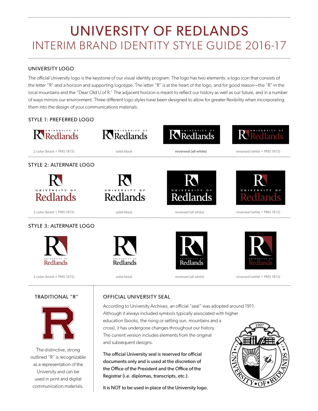 University of Redlands Interim Brand Identity Style Guide 2016-17