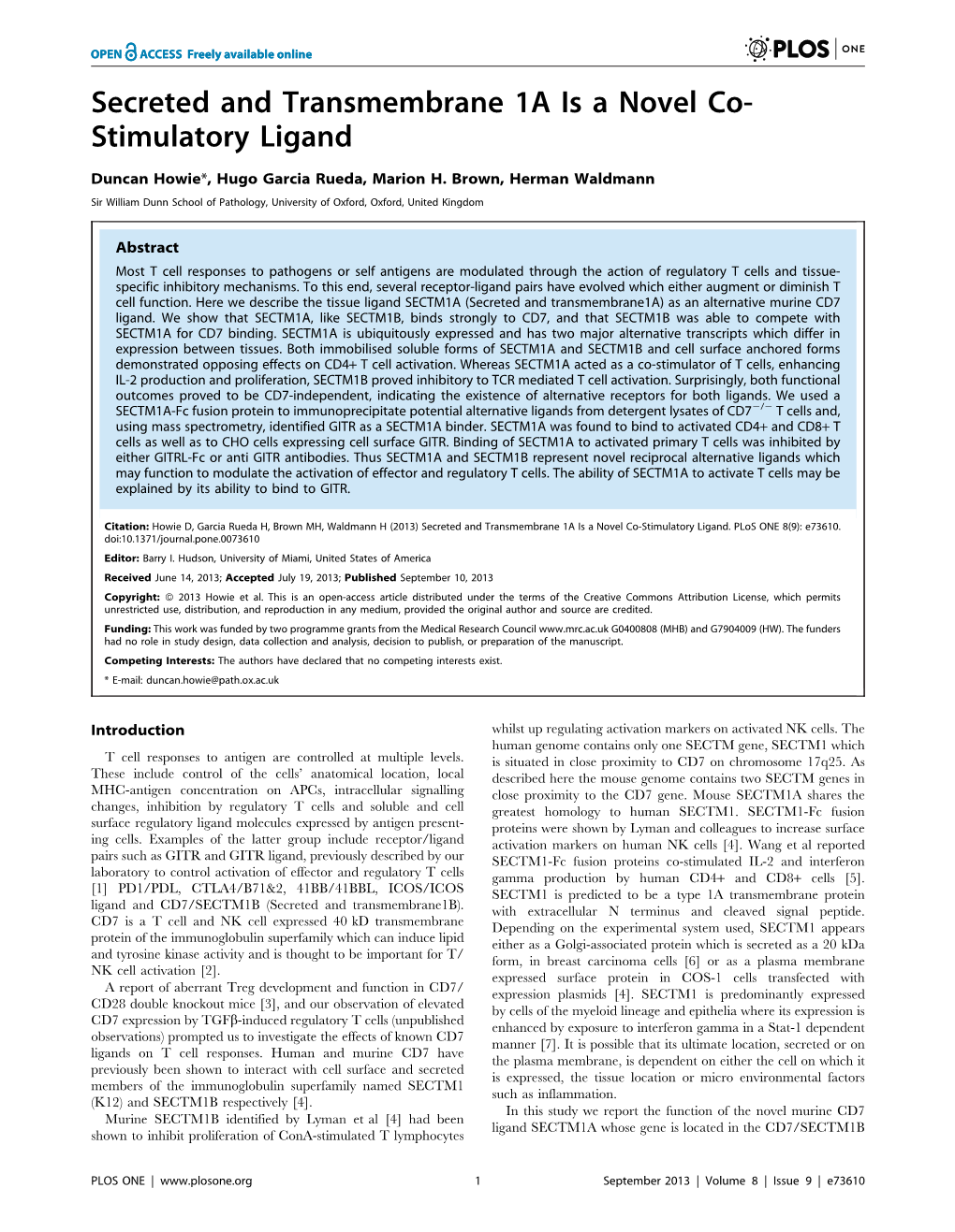 Secreted and Transmembrane 1A Is a Novel Co- Stimulatory Ligand