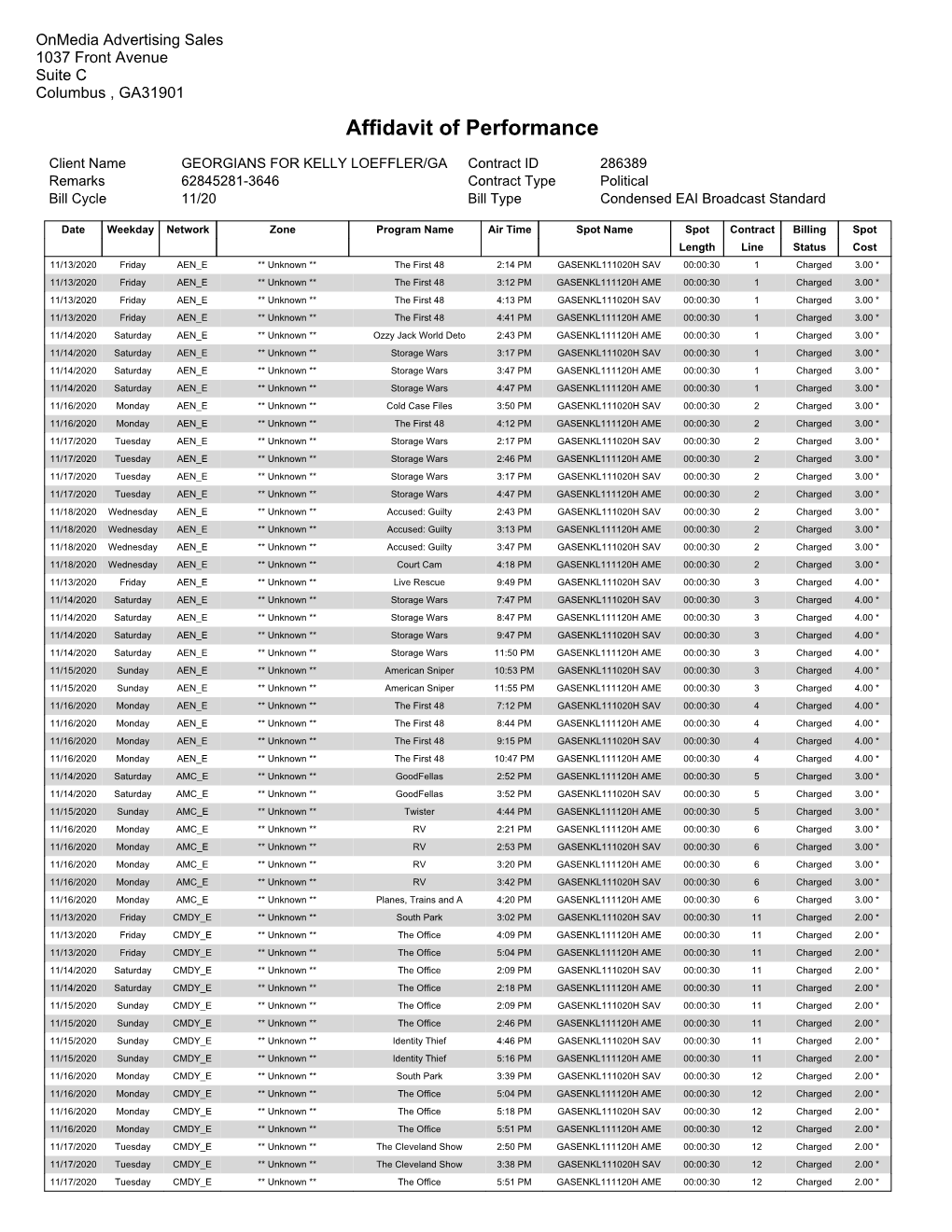 Affidavit of Performance