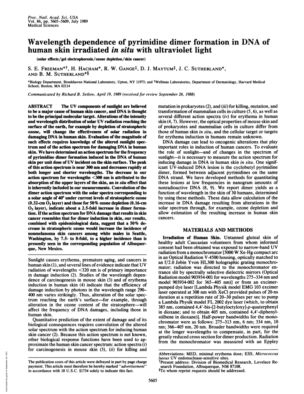 Wavelength Dependence of Pyrimidine Dimer Formation in DNA