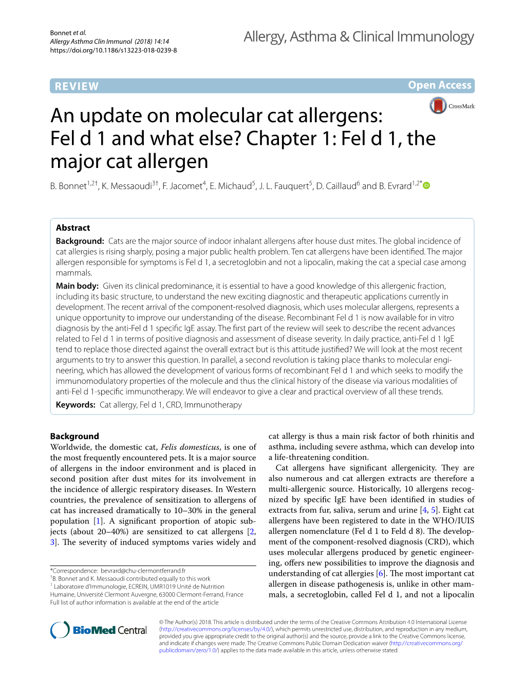 An Update on Molecular Cat Allergens: Fel D 1 and What Else? Chapter 1: Fel D 1, the Major Cat Allergen B