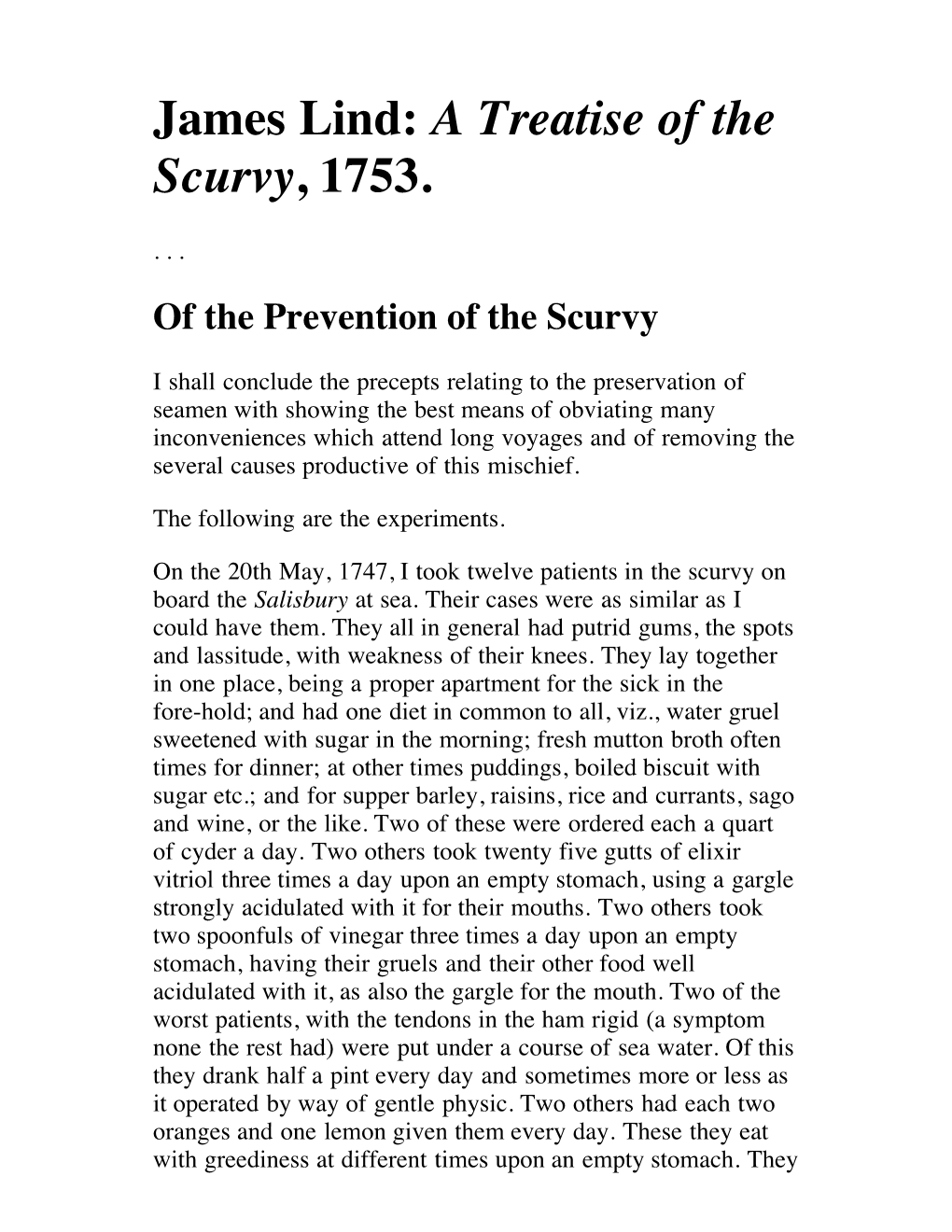 James Lind: a Treatise of the Scurvy, 1753