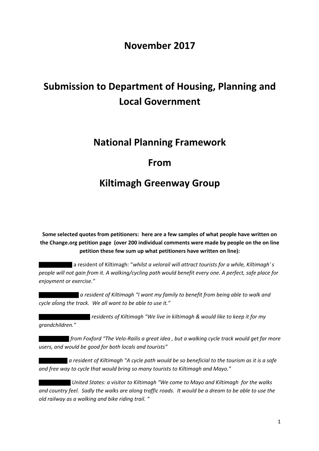 November 2017 Submission to Department of Housing, Planning