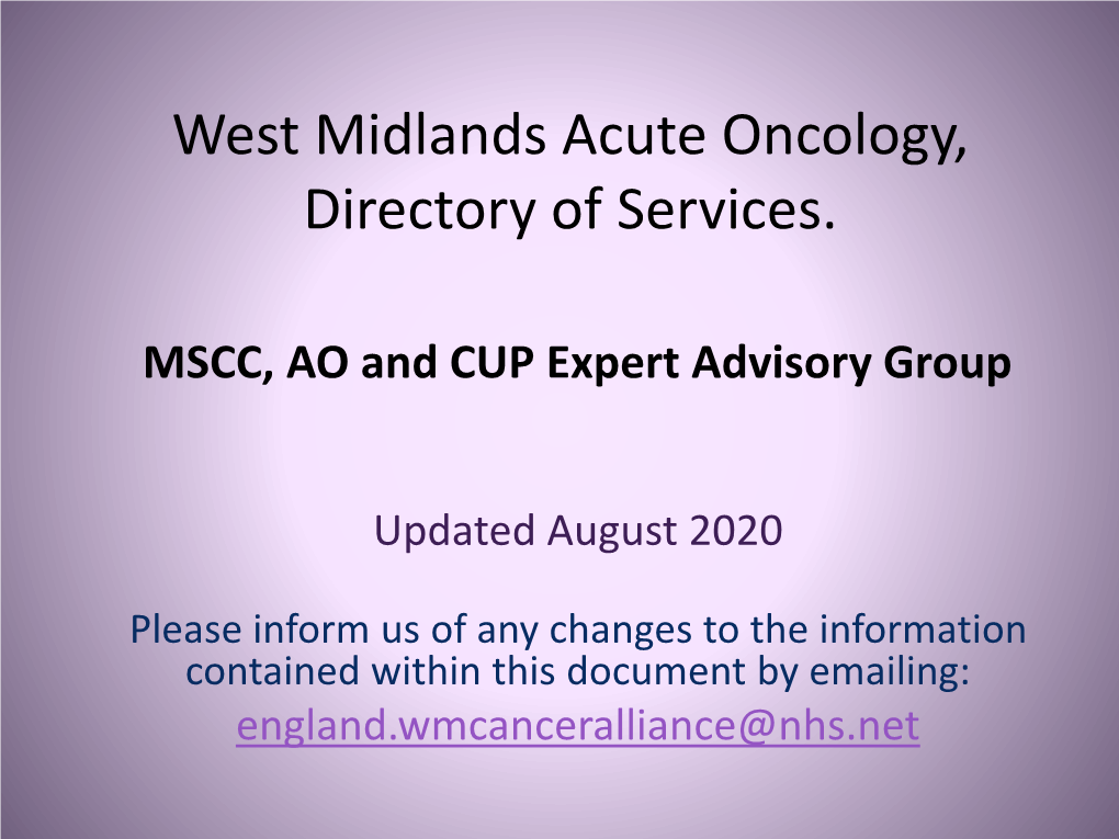 West Midlands Acute Oncology, Directory of Services